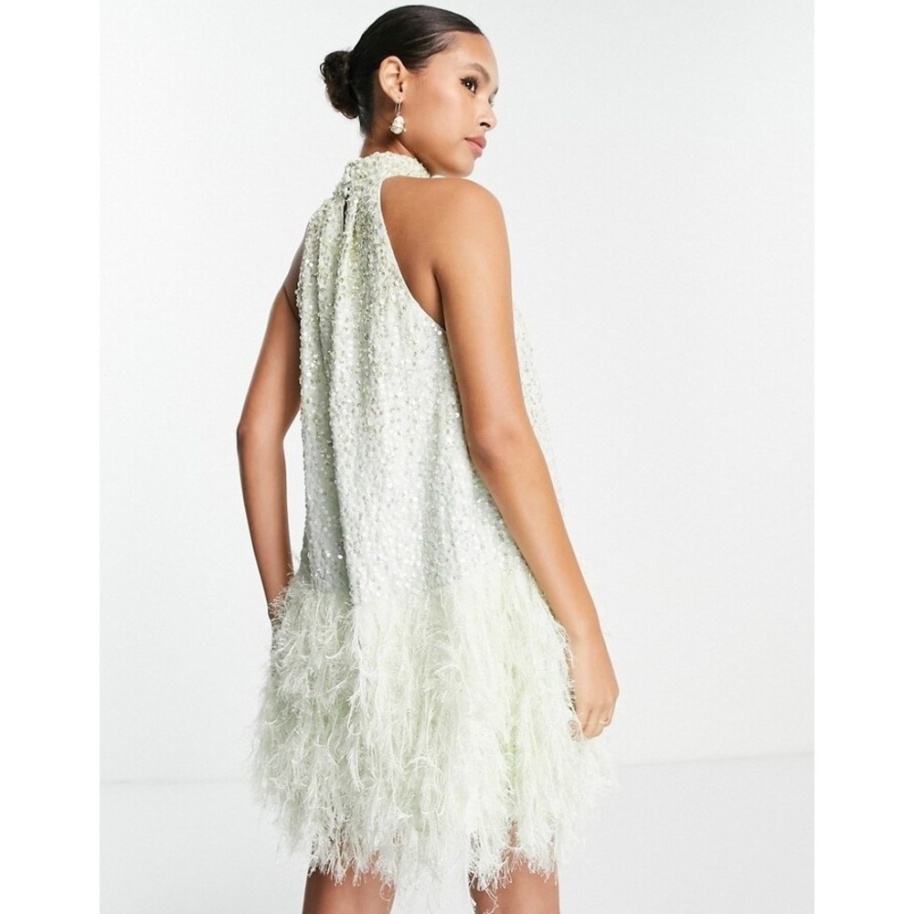 NWT ASOS EDITION Sequin Halter Mini Dress with Faux Feather Hem Party US 2 - Picture 3 of 11